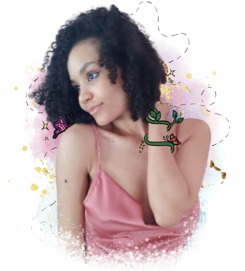 foto da autora: mulher parda com cabelos pretos cacheados na altura dos ombros, ao seu redor há flores, caules, folhas, estrelas e borboletas desenhadas